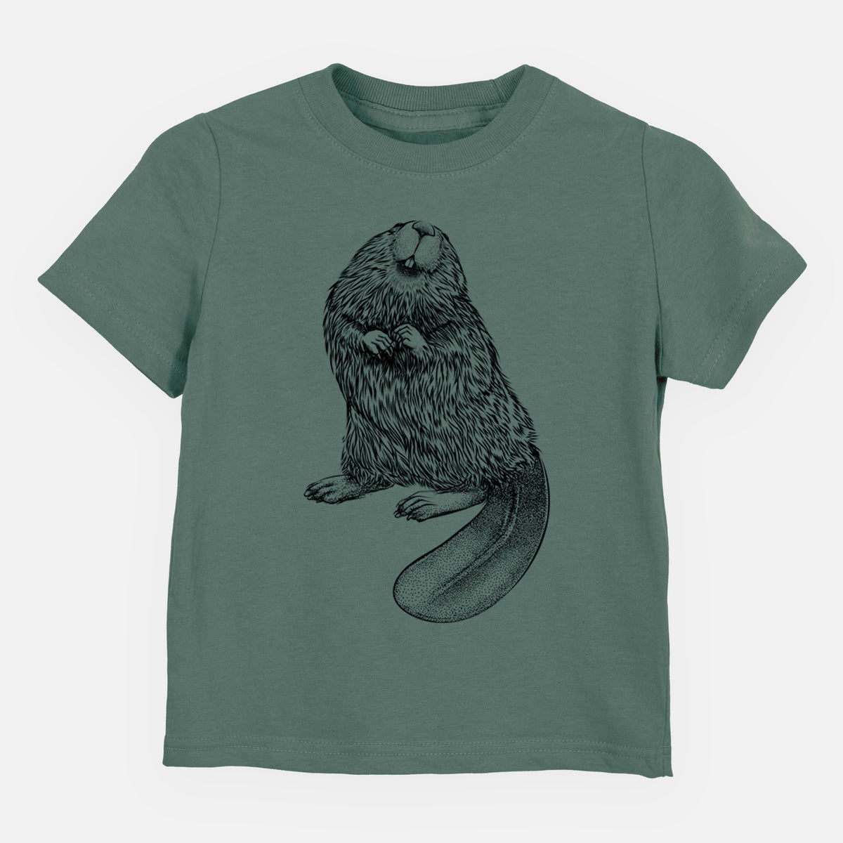 Basil green toddler t-shirt laid flat, printed with a detailed black ink illustration of an American beaver sitting upright with its flat tail.
