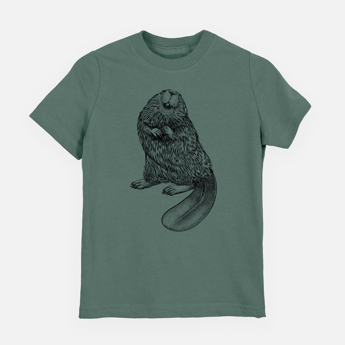 Basil green youth t-shirt laid flat, printed with a detailed black ink illustration of an American beaver sitting upright with its flat tail.