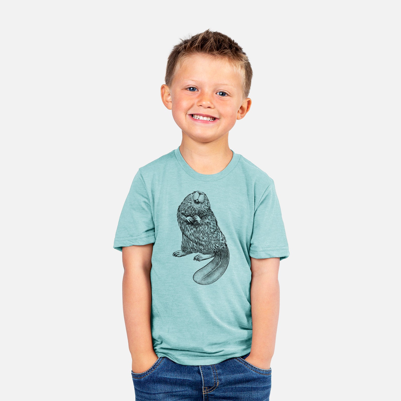Two youth t-shirts in different colors on hangers, printed with a detailed black ink illustration of an American beaver sitting upright with its flat tail.