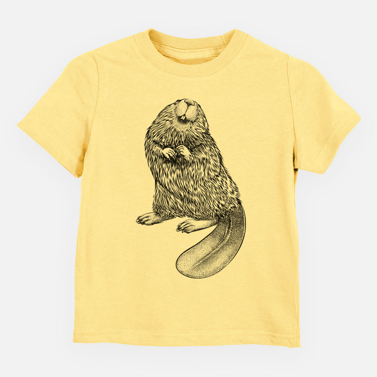 Butter yellow toddler t-shirt laid flat, printed with a detailed black ink illustration of an American beaver sitting upright with its flat tail.