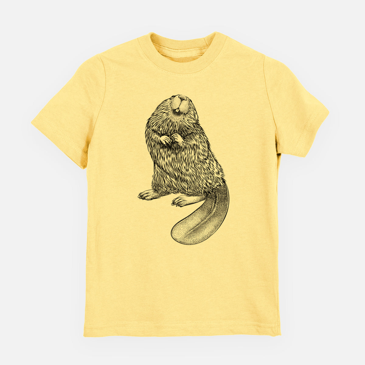Butter yellow youth t-shirt laid flat, printed with a detailed black ink illustration of an American beaver sitting upright with its flat tail.