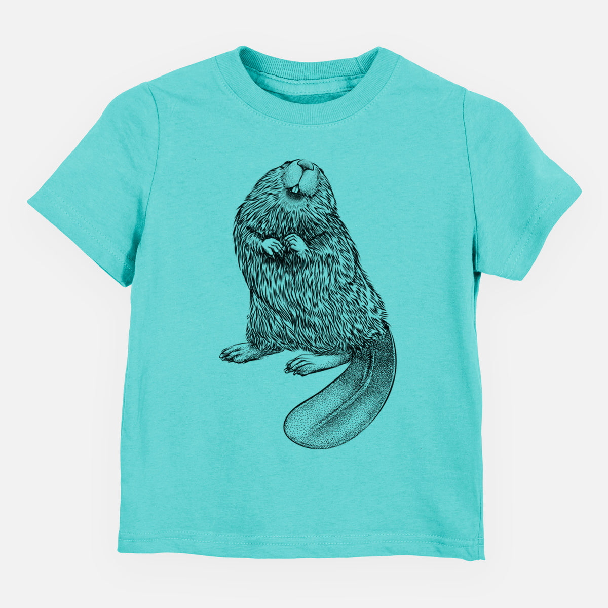 Caribbean blue toddler t-shirt laid flat, printed with a detailed black ink illustration of an American beaver sitting upright with its flat tail.