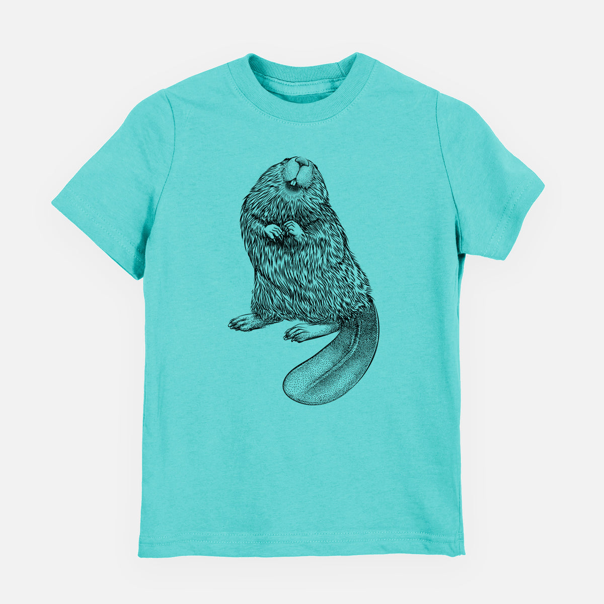 Caribbean blue youth t-shirt laid flat, printed with a detailed black ink illustration of an American beaver sitting upright with its flat tail.