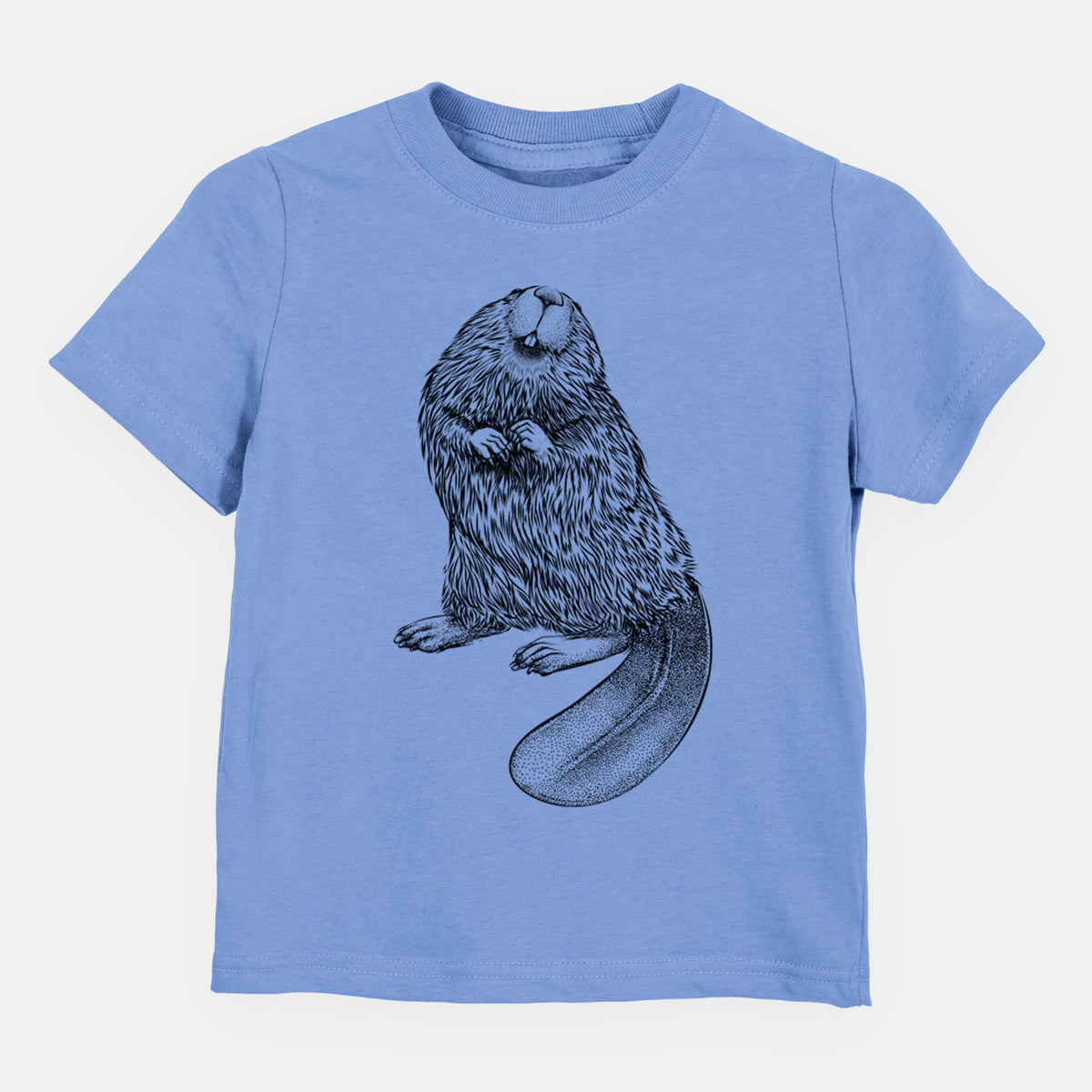 Carolina blue toddler t-shirt laid flat, printed with a detailed black ink illustration of an American beaver sitting upright with its flat tail.
