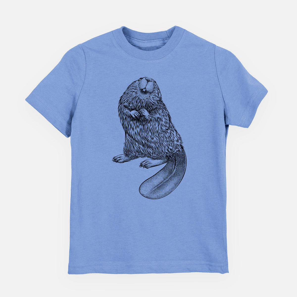 Carolina blue youth t-shirt laid flat, printed with a detailed black ink illustration of an American beaver sitting upright with its flat tail.