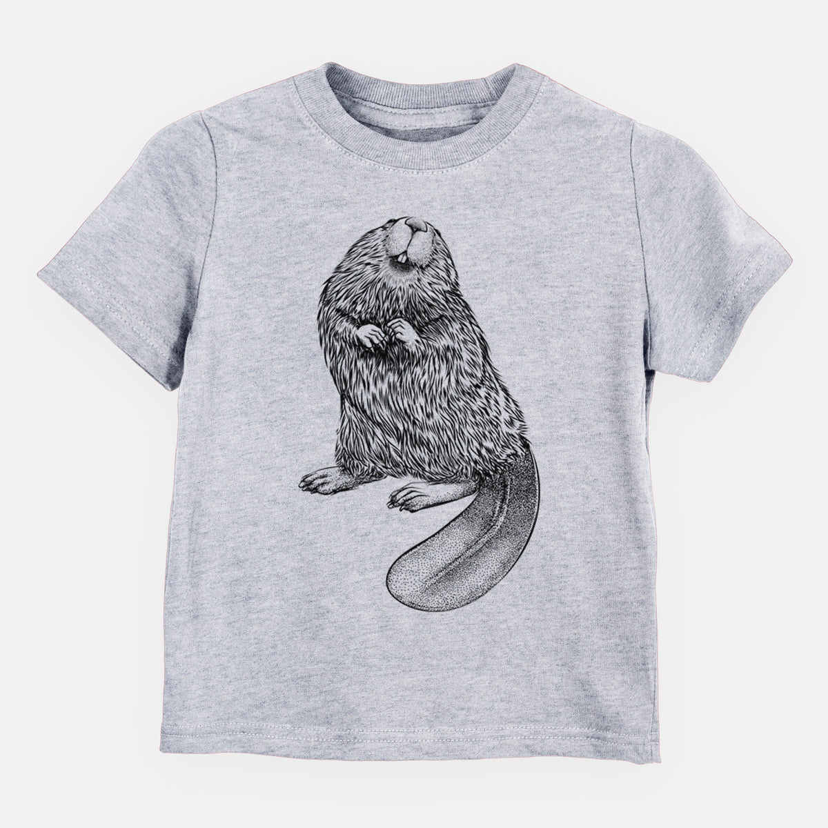 Heather grey toddler t-shirt laid flat, printed with a detailed black ink illustration of an American beaver sitting upright with its flat tail.