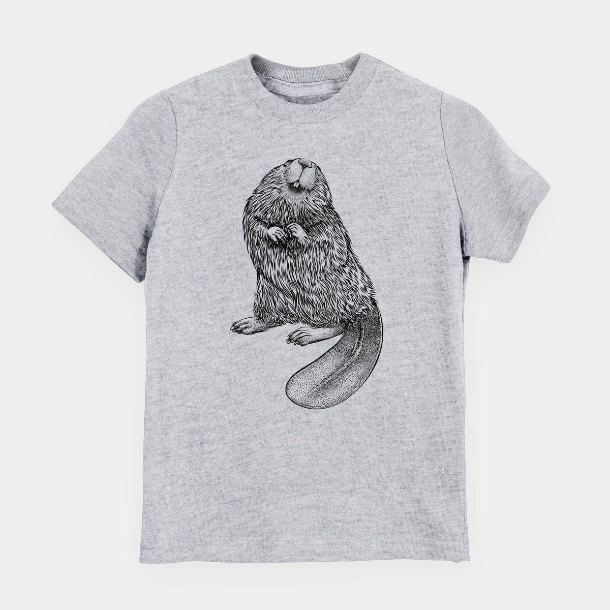 Heather grey youth t-shirt laid flat, printed with a detailed black ink illustration of an American beaver sitting upright with its flat tail.