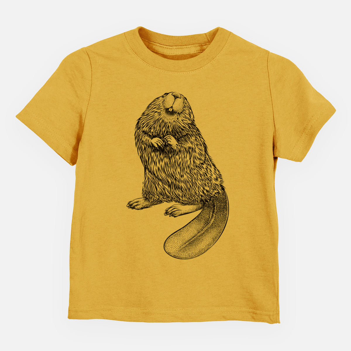 Honeycomb yellow toddler t-shirt laid flat, printed with a detailed black ink illustration of an American beaver sitting upright with its flat tail.