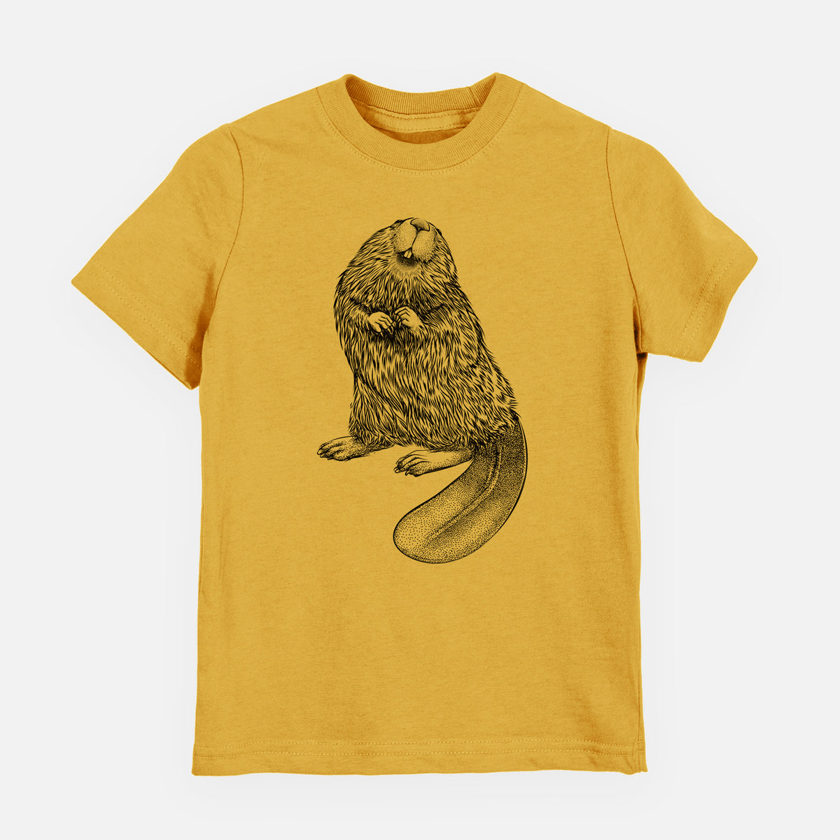 Honeycomb yellow youth t-shirt laid flat, printed with a detailed black ink illustration of an American beaver sitting upright with its flat tail.