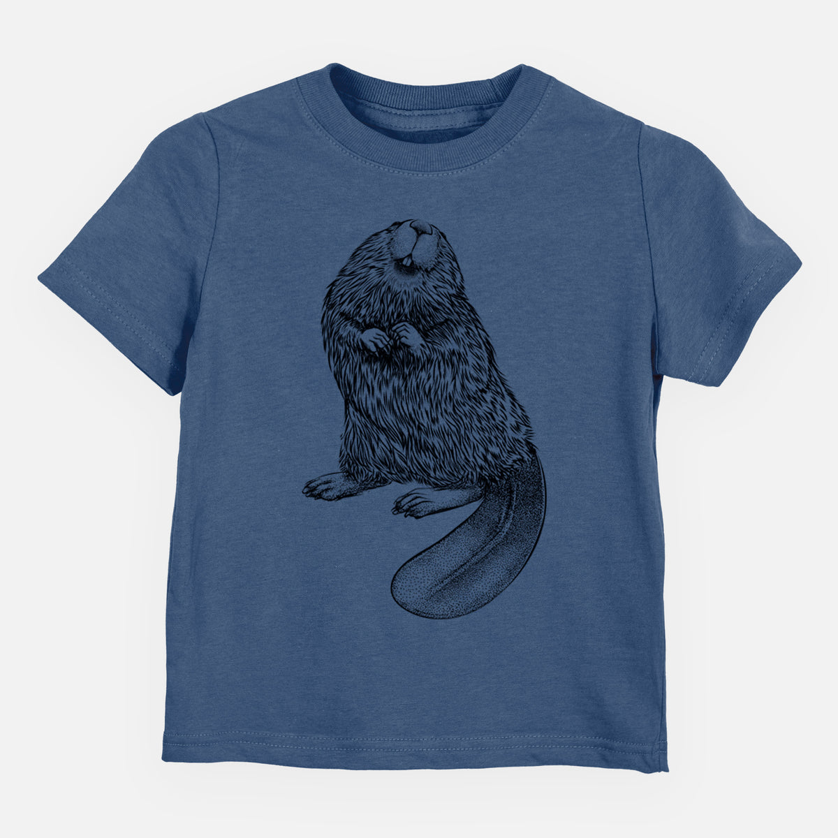 Indigo blue toddler t-shirt laid flat, printed with a detailed black ink illustration of an American beaver sitting upright with its flat tail.