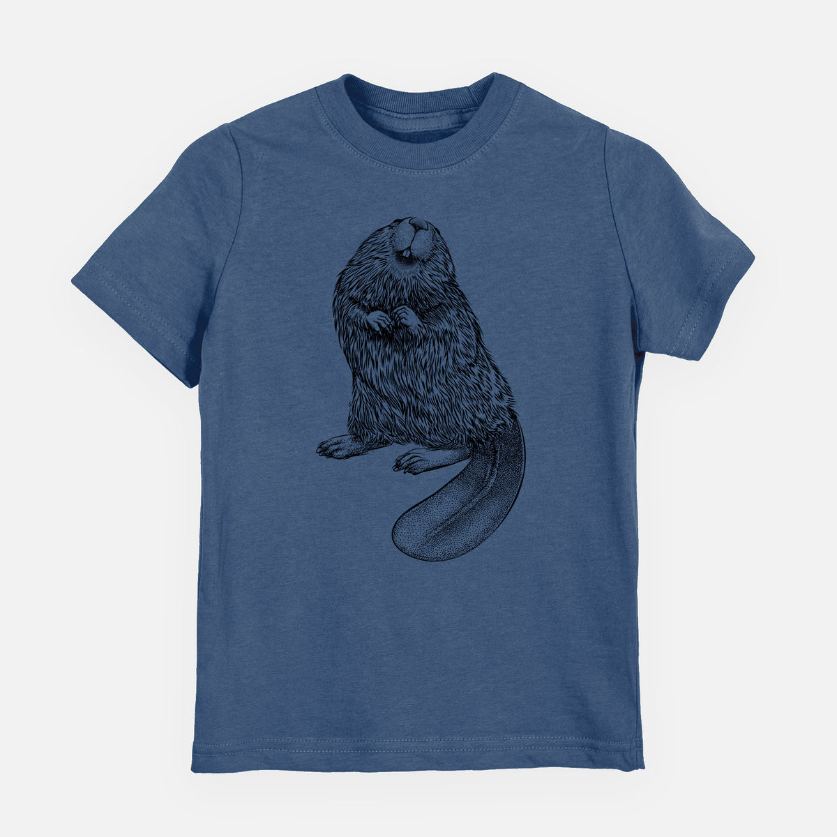 Indigo blue youth t-shirt laid flat, printed with a detailed black ink illustration of an American beaver sitting upright with its flat tail.