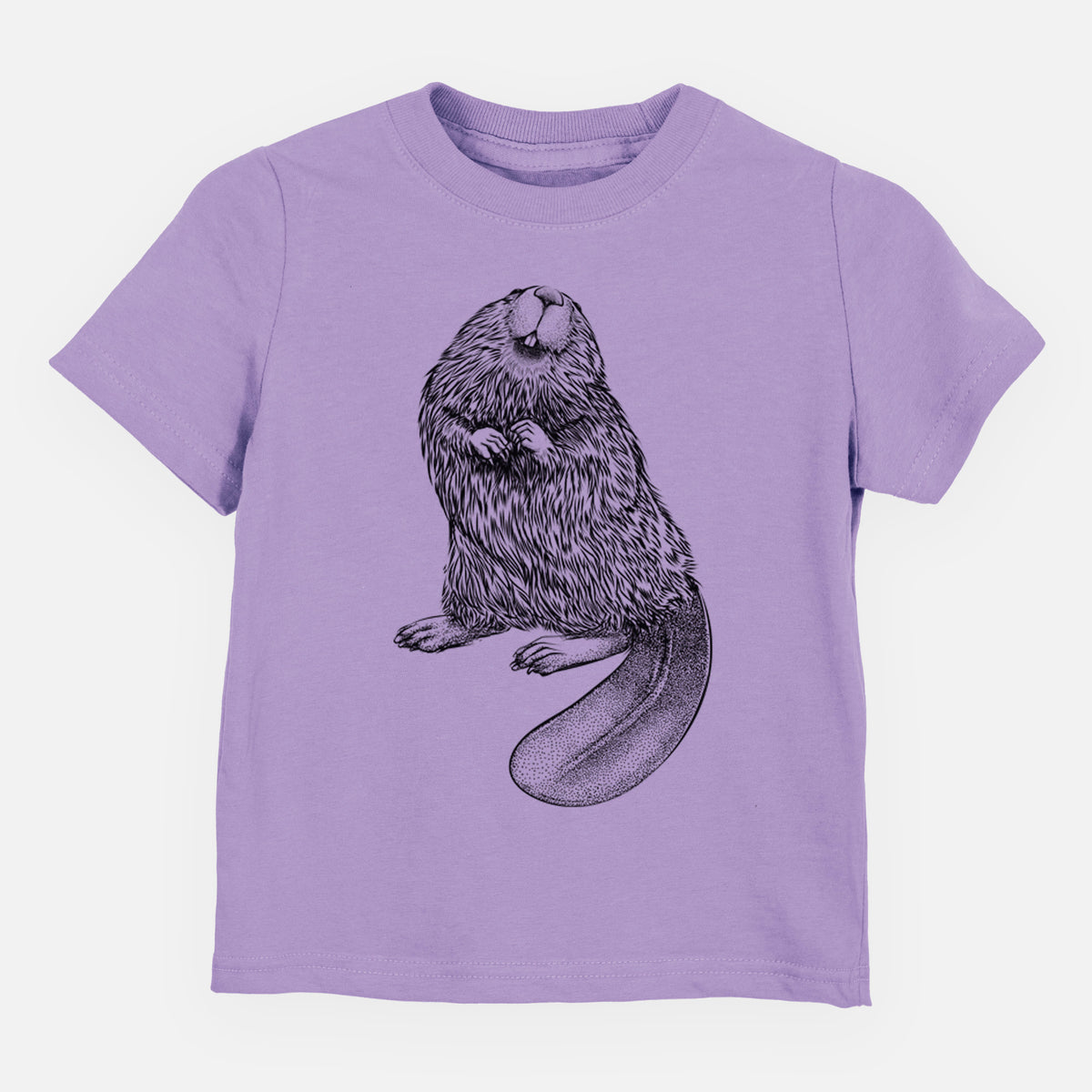 Lavender toddler t-shirt laid flat, printed with a detailed black ink illustration of an American beaver sitting upright with its flat tail.