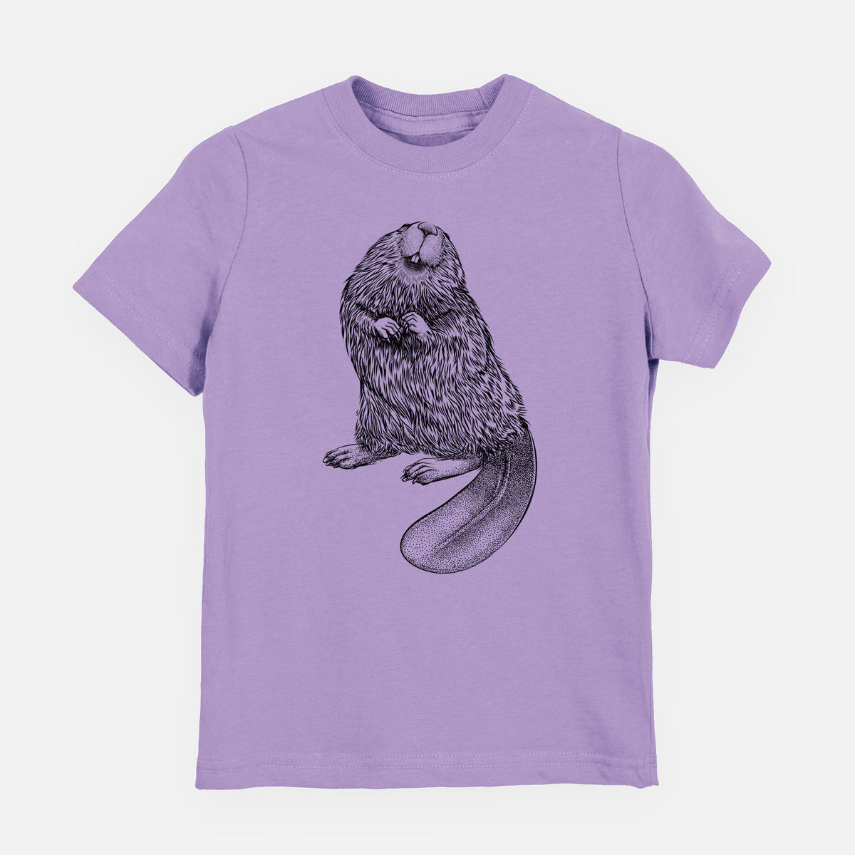Lavender youth t-shirt laid flat, printed with a detailed black ink illustration of an American beaver sitting upright with its flat tail.