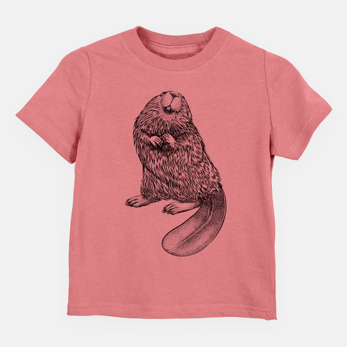 Mauve pink toddler t-shirt laid flat, printed with a detailed black ink illustration of an American beaver sitting upright with its flat tail.