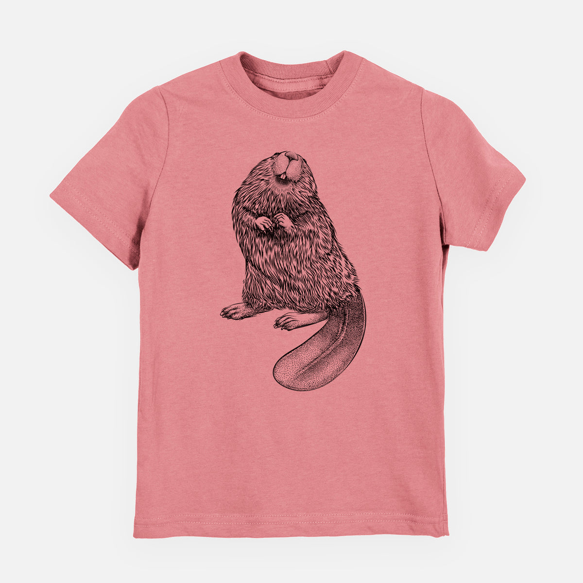 Mauve pink youth t-shirt laid flat, printed with a detailed black ink illustration of an American beaver sitting upright with its flat tail.