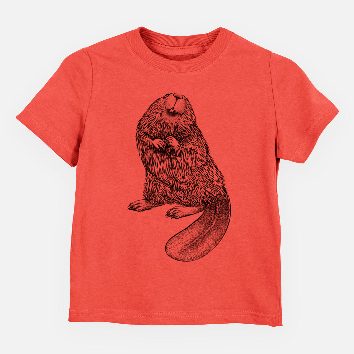 Passionfruit pink toddler t-shirt laid flat, printed with a detailed black ink illustration of an American beaver sitting upright with its flat tail.