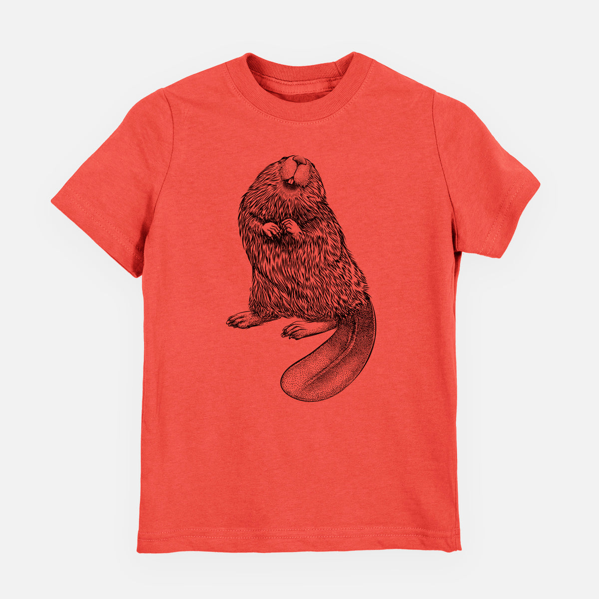 Passionfruit pink youth t-shirt laid flat, printed with a detailed black ink illustration of an American beaver sitting upright with its flat tail.