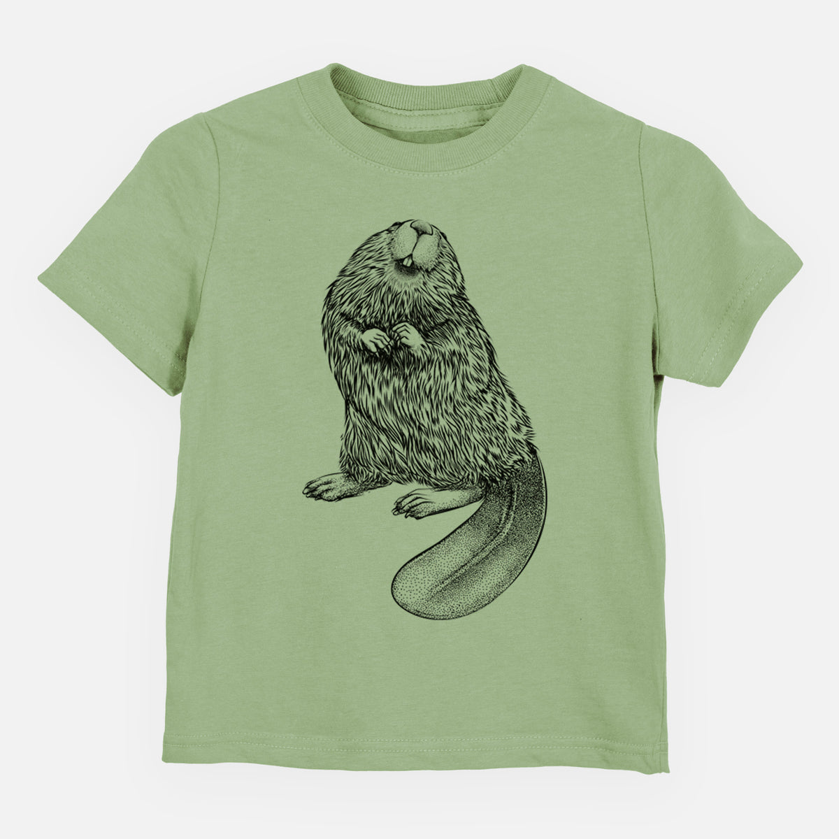 Sage green toddler t-shirt laid flat, printed with a detailed black ink illustration of an American beaver sitting upright with its flat tail.