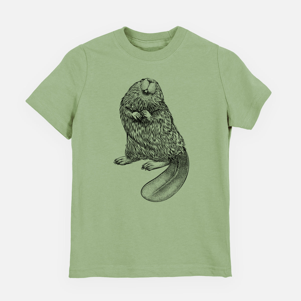 Sage green youth t-shirt laid flat, printed with a detailed black ink illustration of an American beaver sitting upright with its flat tail.