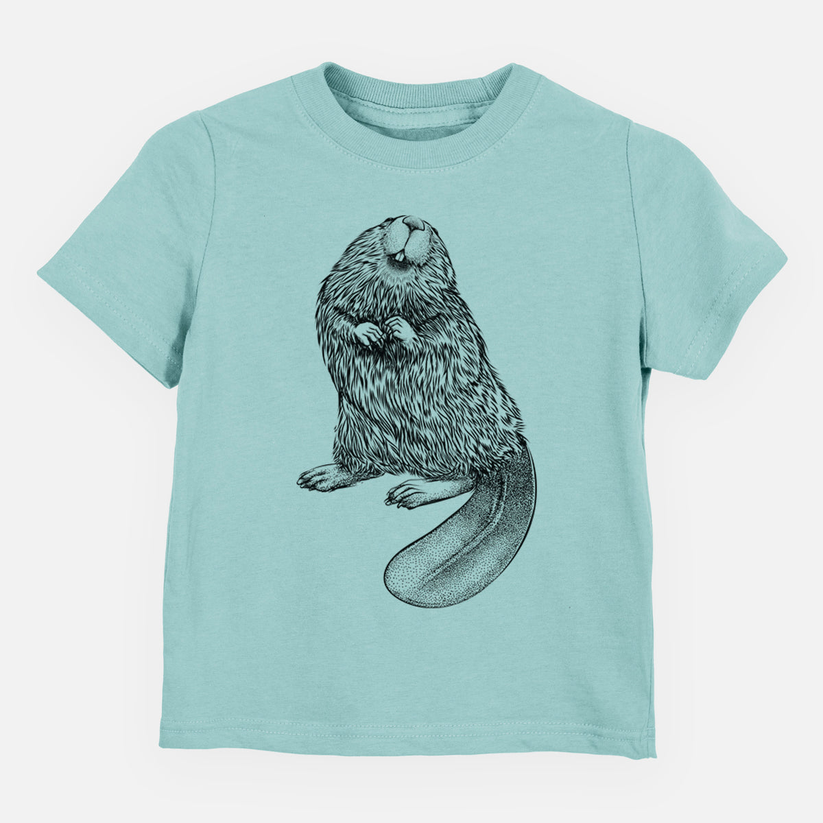 Saltwater toddler t-shirt laid flat, printed with a detailed black ink illustration of an American beaver sitting upright with its flat tail.