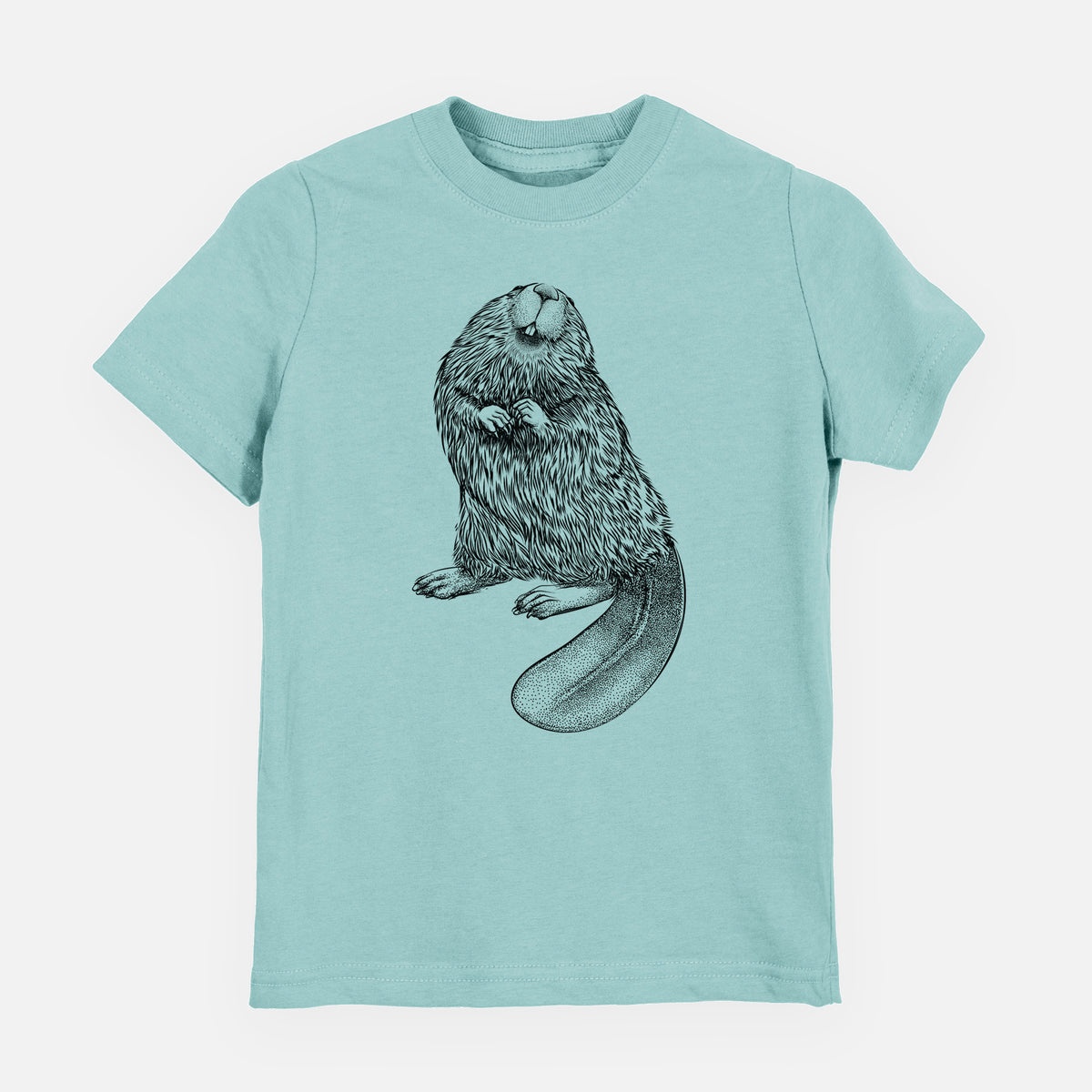 Saltwater youth t-shirt laid flat, printed with a detailed black ink illustration of an American beaver sitting upright with its flat tail.