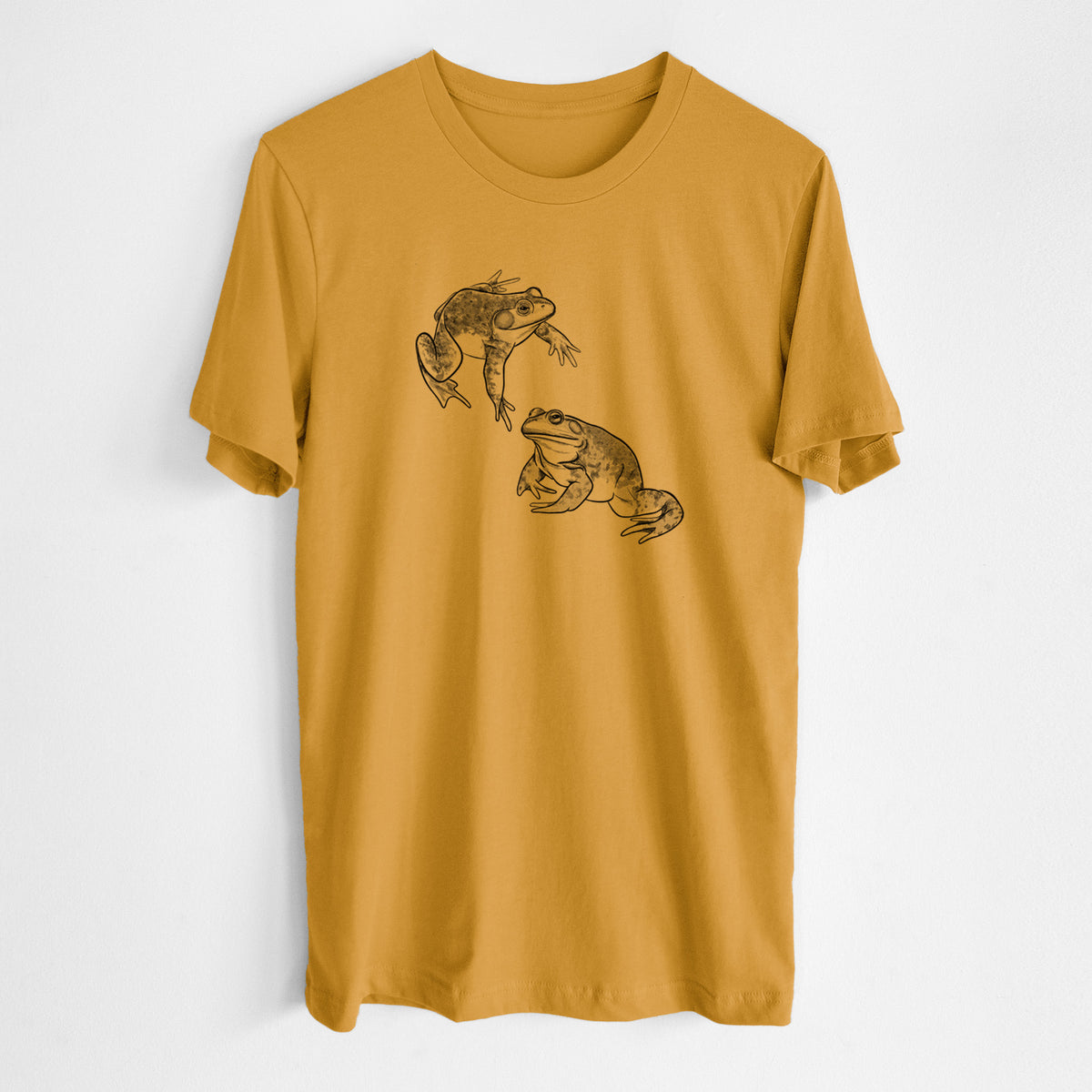 Honeycomb yellow lightweight cotton t-shirt laid flat, printed with a detailed black ink illustration of two American bullfrogs.