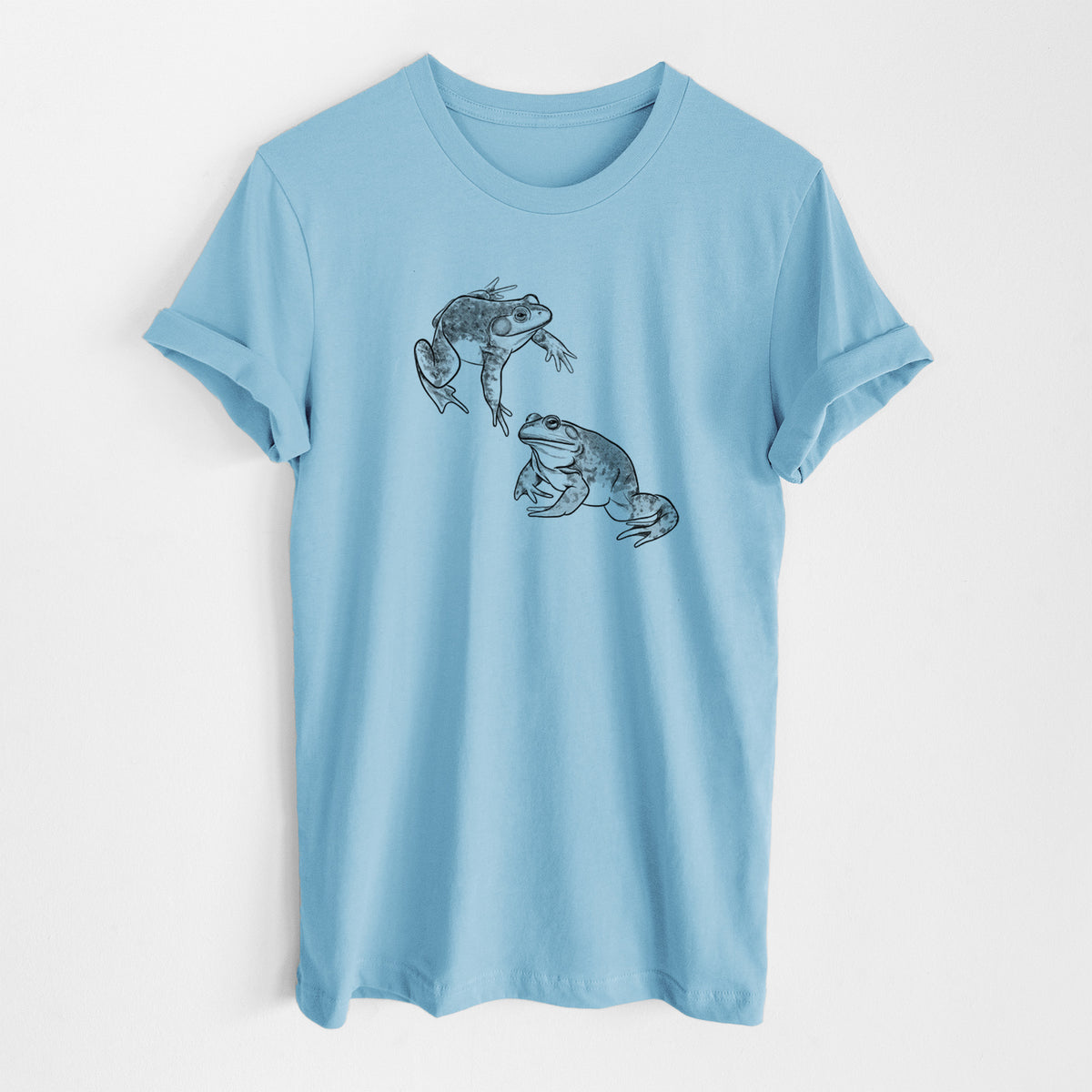 Ocean blue lightweight cotton t-shirt laid flat, printed with a detailed black ink illustration of two American bullfrogs.