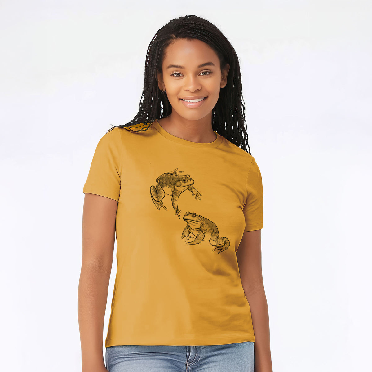 Woman wearing a mustard yellow women's relaxed fit cotton t-shirt printed with a detailed black ink illustration of two American bullfrogs.