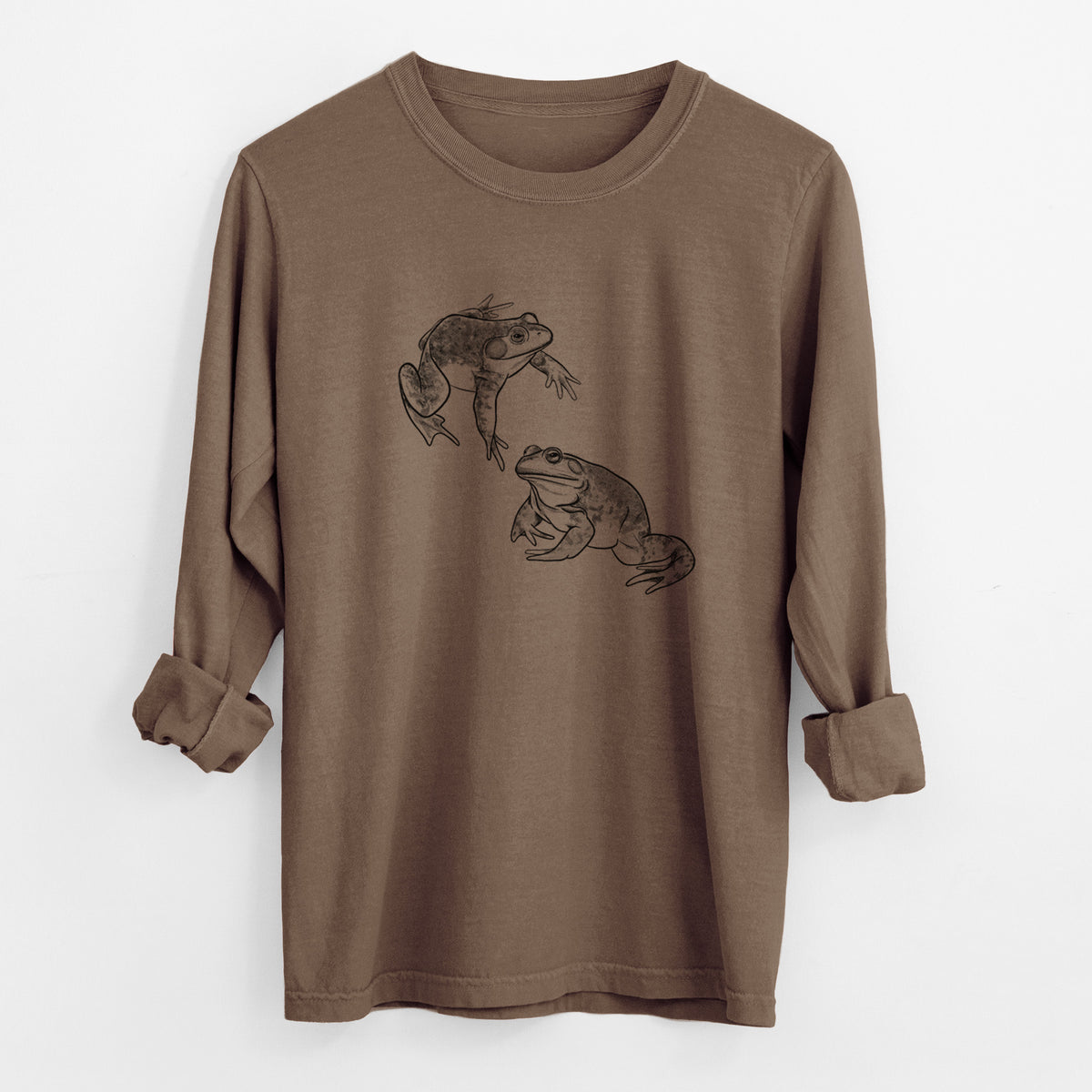 Espresso brown Comfort Colors long sleeve shirt laid flat with the cuffs rolled, printed with a detailed black ink illustration of two American bullfrogs.