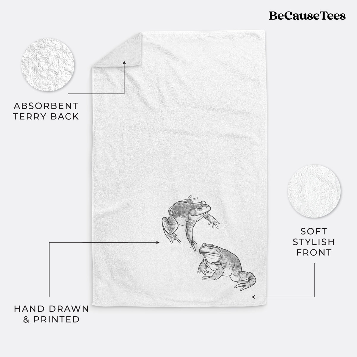 White hand towel printed with a detailed black ink illustration of two American bullfrogs.