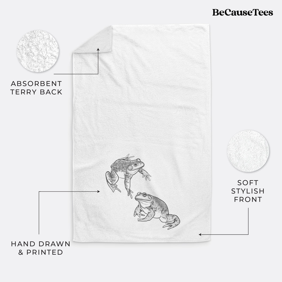 White hand towel printed with a detailed black ink illustration of two American bullfrogs.