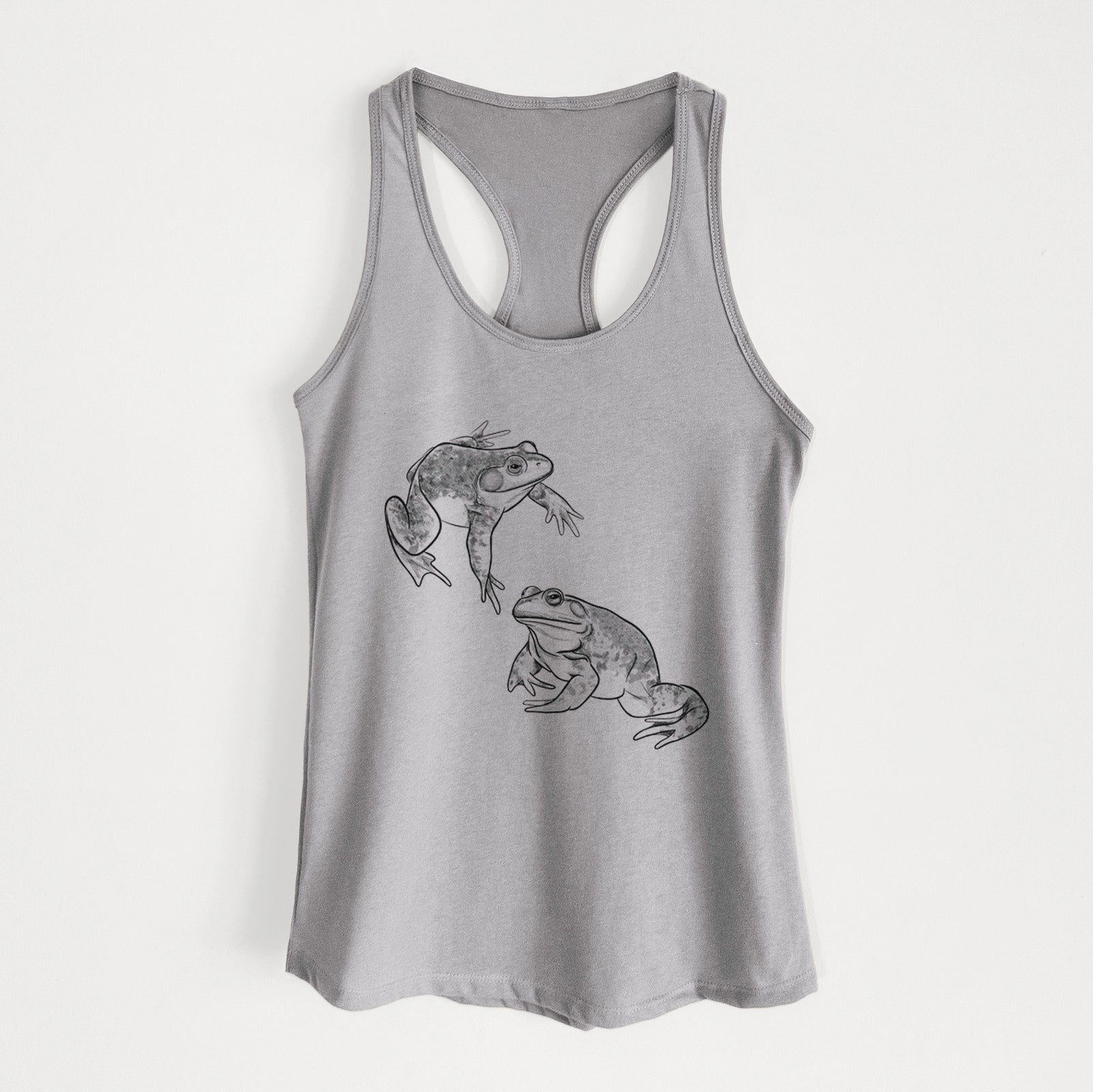 Heather grey women's racerback tank top laid flat, printed with a detailed black ink illustration of two American bullfrogs.