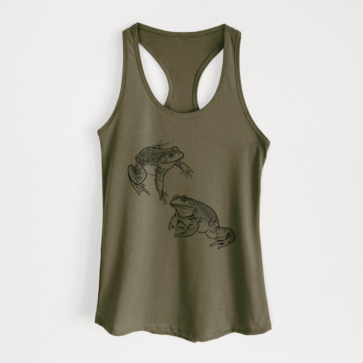Military green women's racerback tank top laid flat, printed with a detailed black ink illustration of two American bullfrogs.
