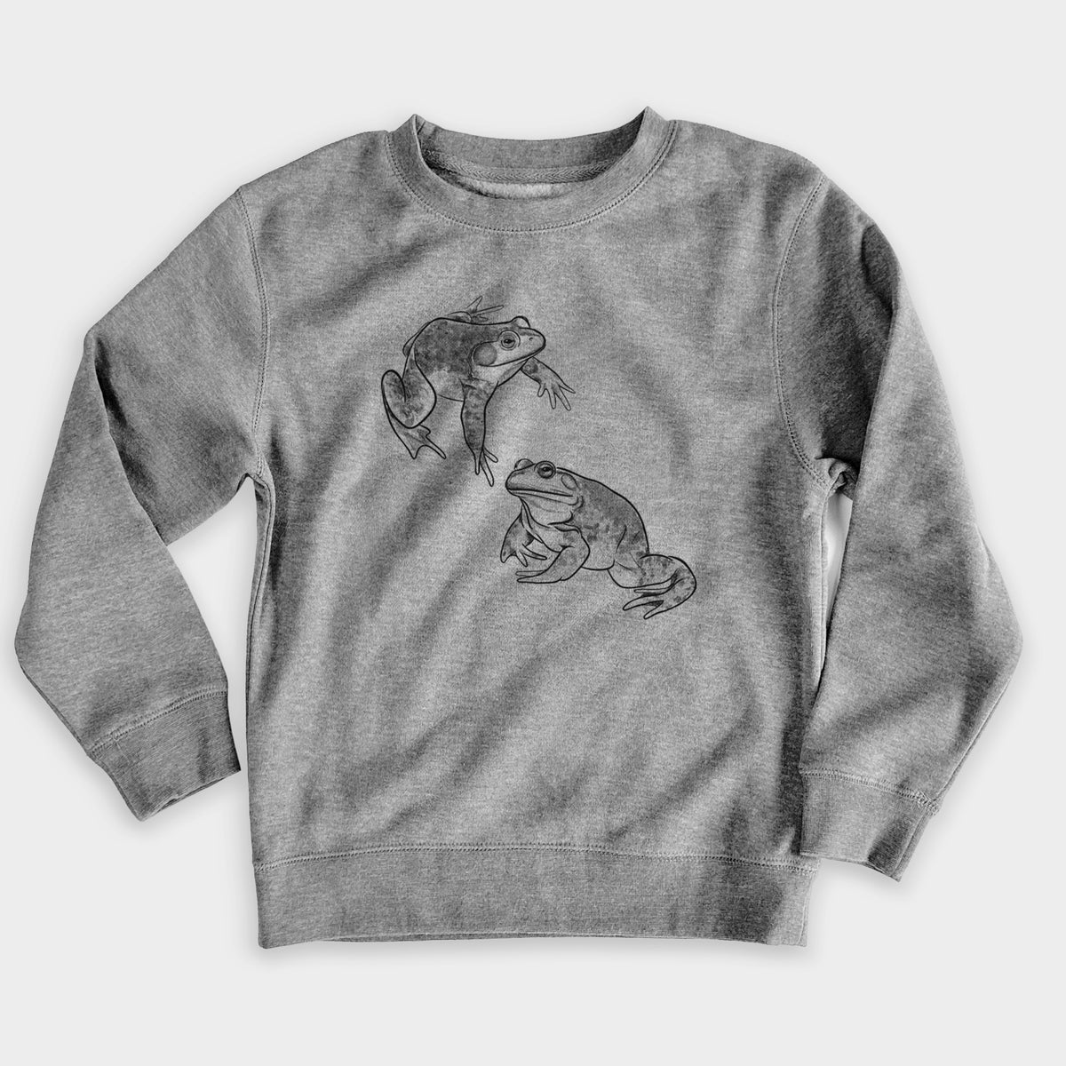 Nickel grey youth crewneck sweatshirt laid flat, printed with a detailed black ink illustration of two American bullfrogs.