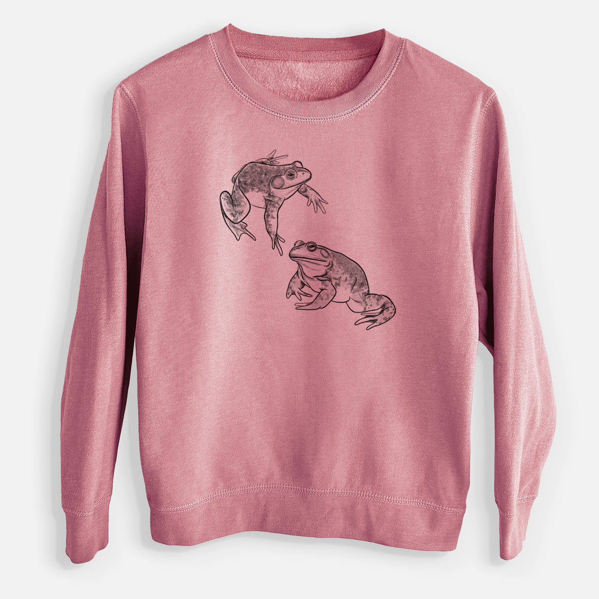 Mauve pink youth crewneck sweatshirt laid flat, printed with a detailed black ink illustration of two American bullfrogs.