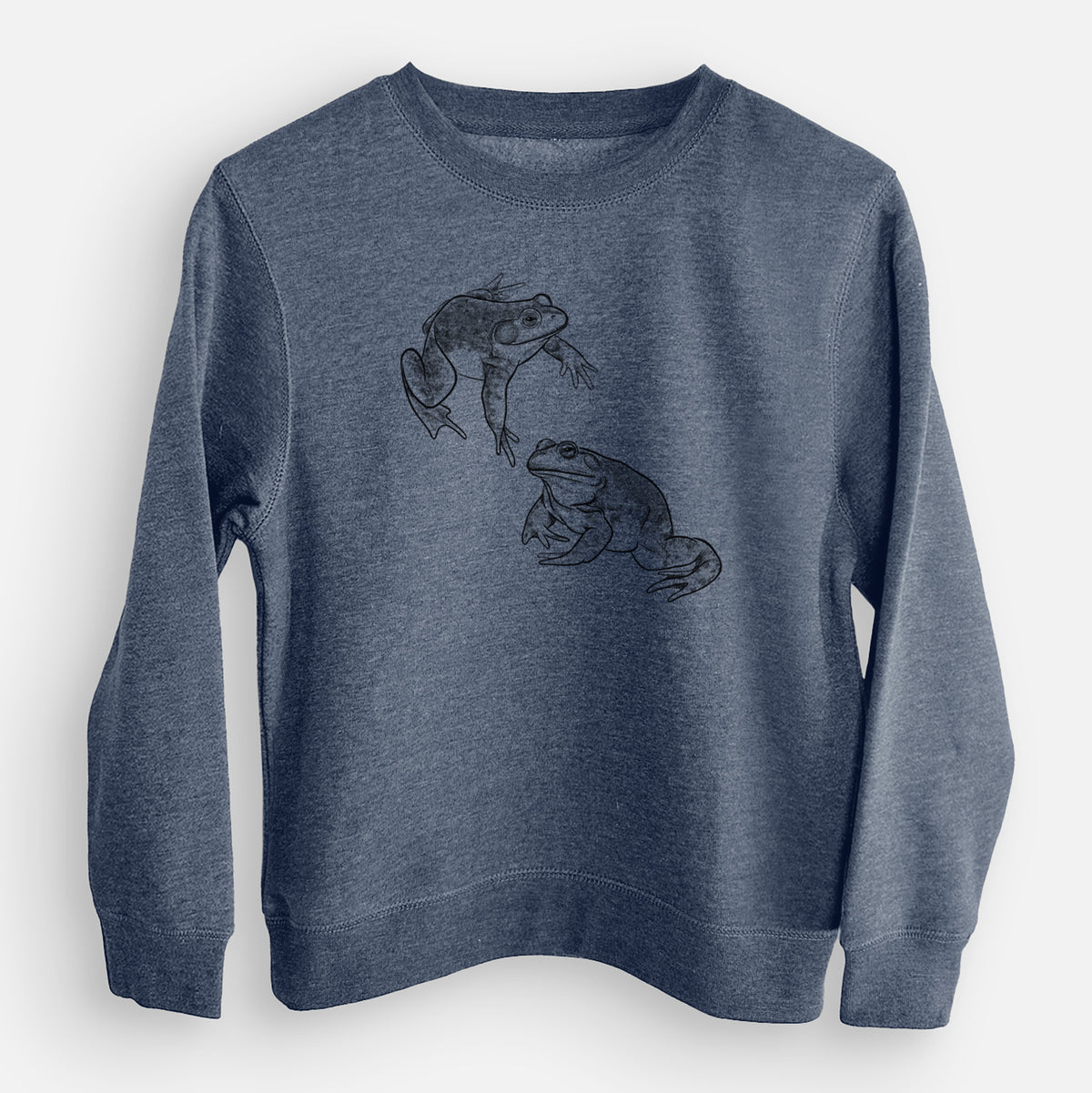 Storm blue youth crewneck sweatshirt laid flat, printed with a detailed black ink illustration of two American bullfrogs.