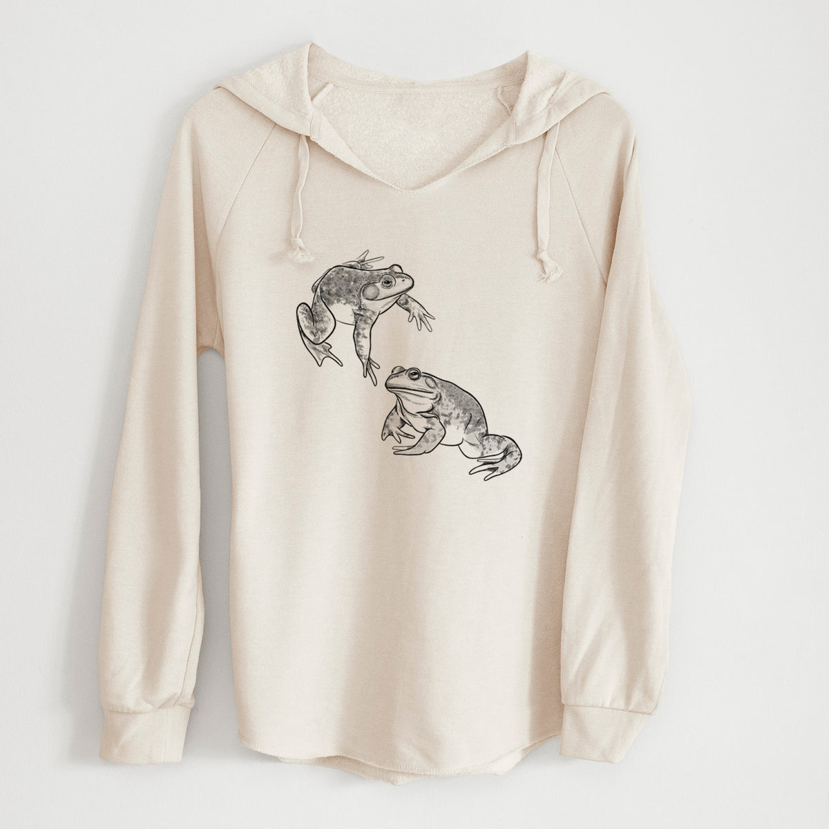 Bone cream women's Cali Wave hooded sweatshirt laid flat, printed with a detailed black ink illustration of two American bullfrogs.