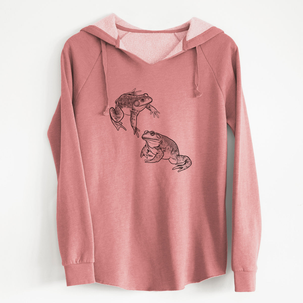 Dusty rose women's Cali Wave hooded sweatshirt laid flat, printed with a detailed black ink illustration of two American bullfrogs.