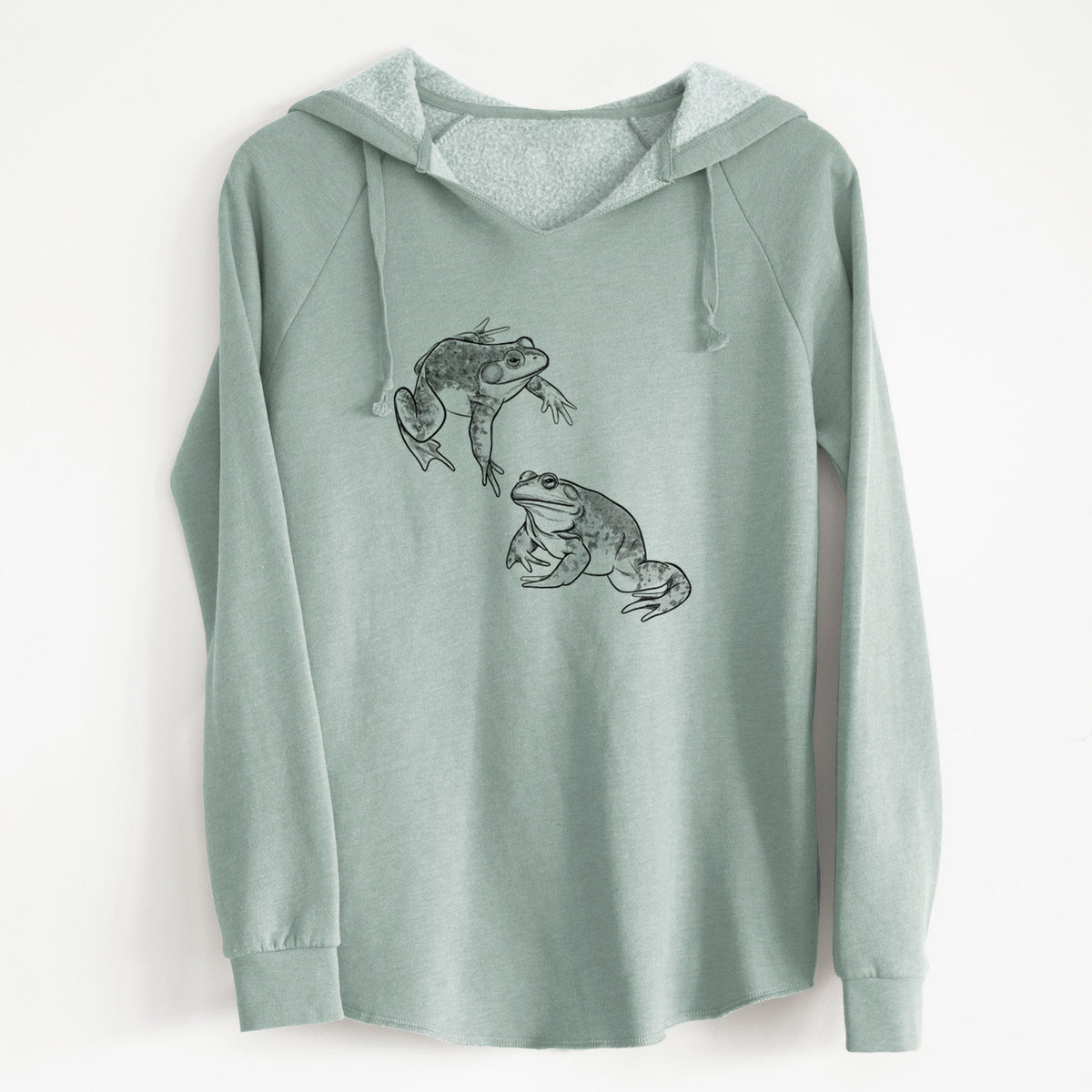 Sage green women's Cali Wave hooded sweatshirt laid flat, printed with a detailed black ink illustration of two American bullfrogs.