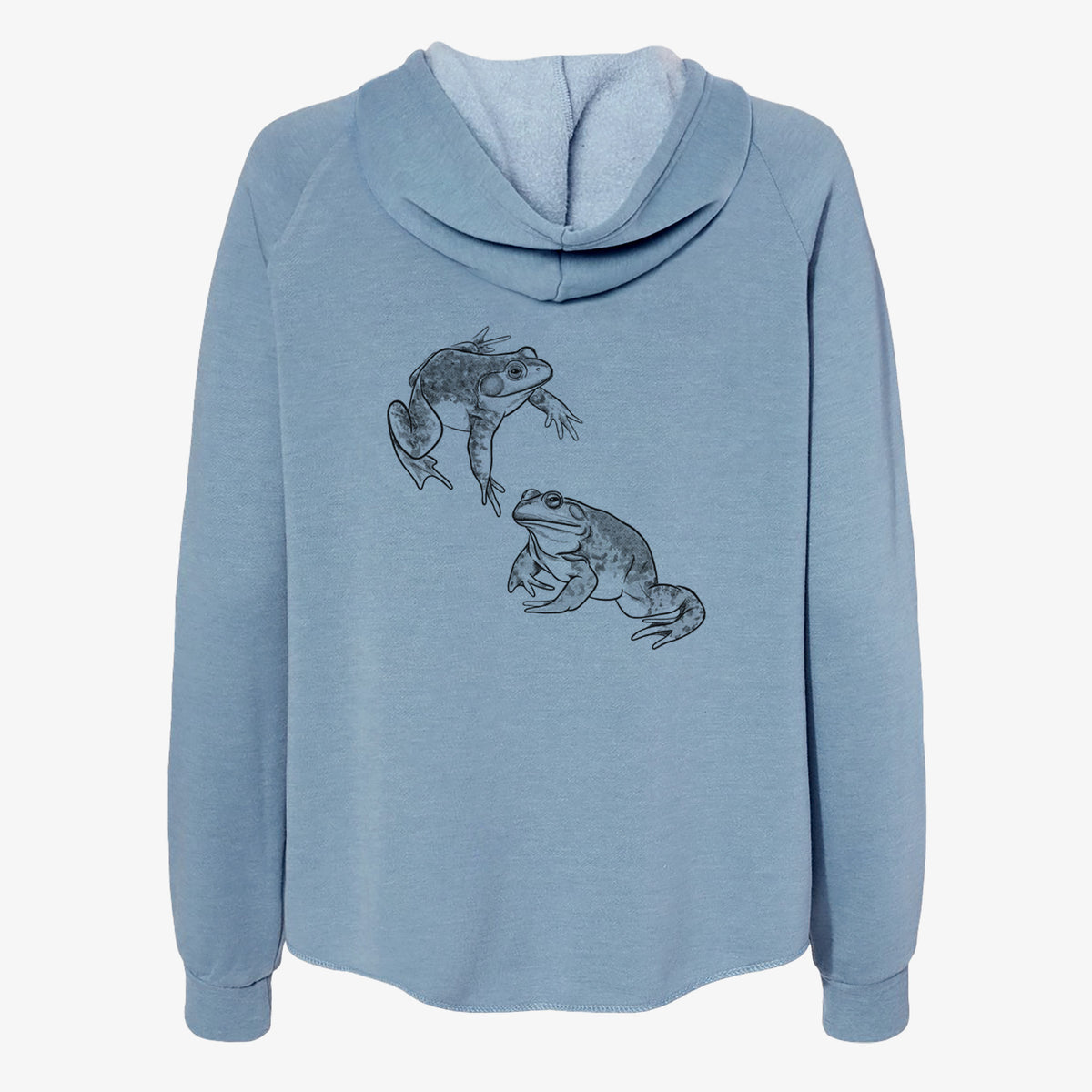 Misty blue women's Cali Wave zip-up sweatshirt laid flat, printed with a detailed black ink illustration of two American bullfrogs.