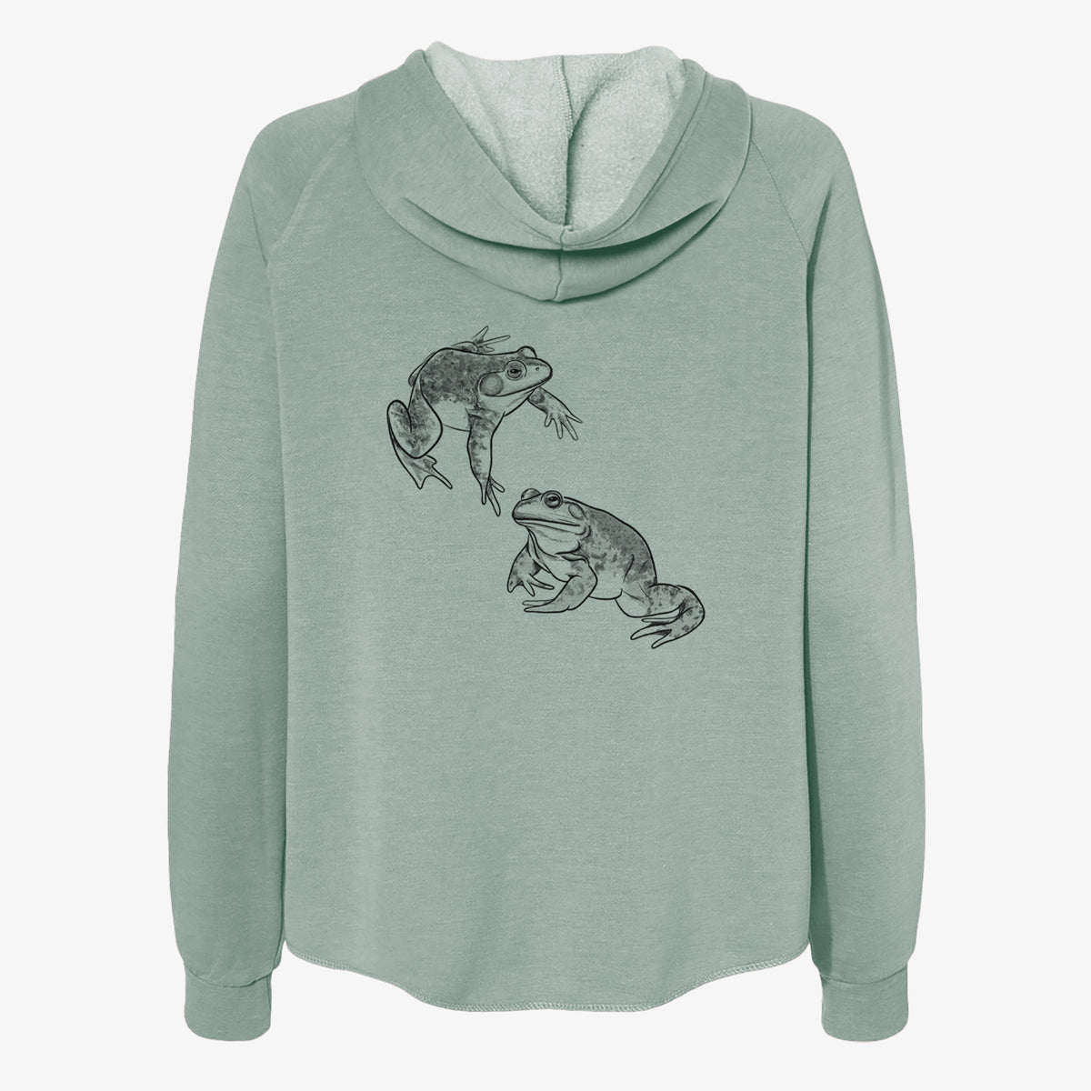 Sage green women's Cali Wave zip-up sweatshirt laid flat, printed with a detailed black ink illustration of two American bullfrogs.