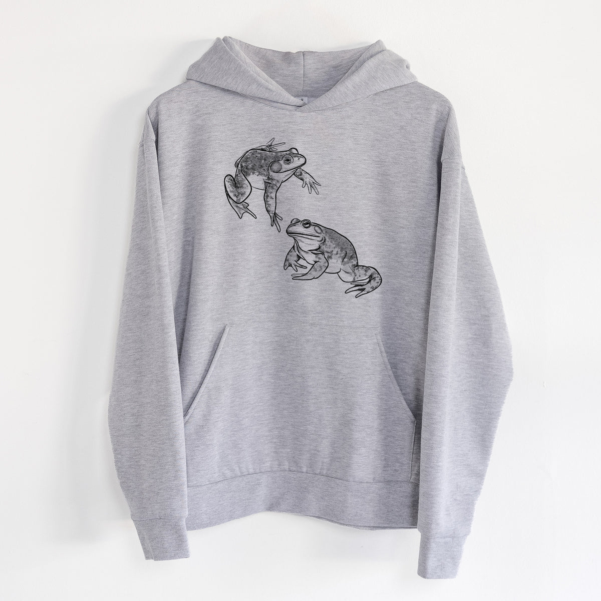 American Bullfrogs - Lithobates catesbeianus - Statement Midweight Hoodie in Heather Grey, hanging on a white wall, with a front kangaroo pocket and no drawcords.