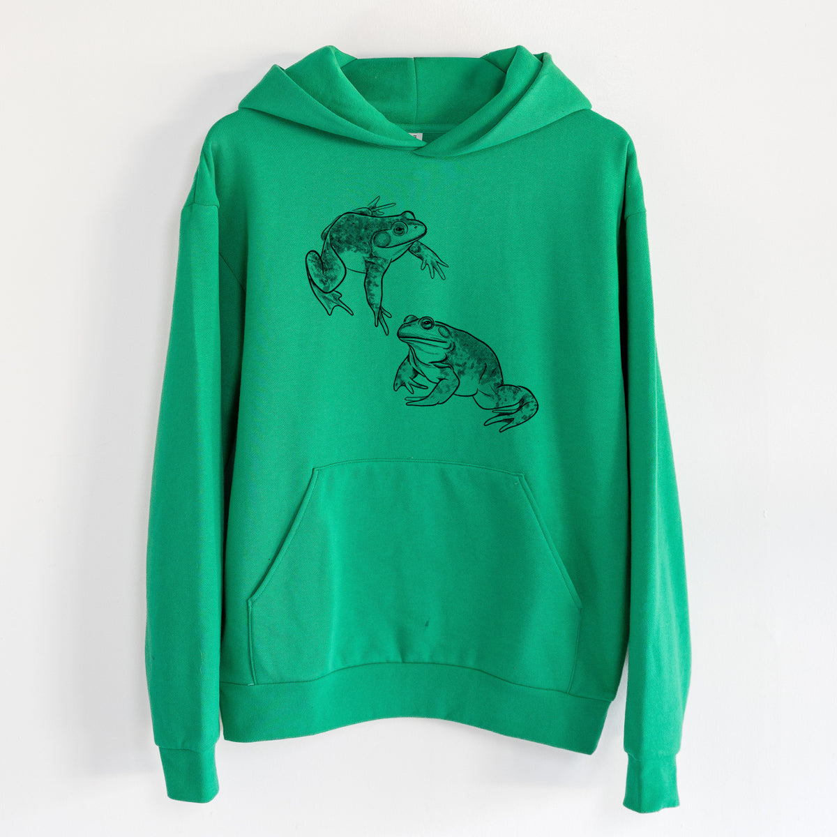 American Bullfrogs - Lithobates catesbeianus - Statement Midweight Hoodie in Kelly Green, hanging on a white wall, with a front kangaroo pocket and no drawcords.