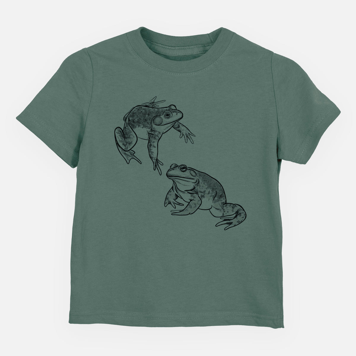 Basil green toddler t-shirt laid flat, printed with a detailed black ink illustration of two American bullfrogs.