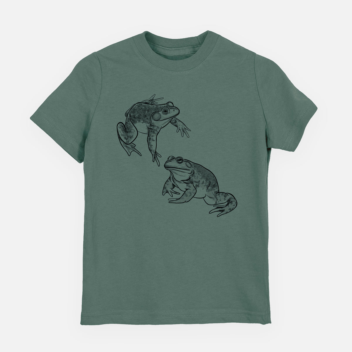 Basil green youth t-shirt laid flat, printed with a detailed black ink illustration of two American bullfrogs.