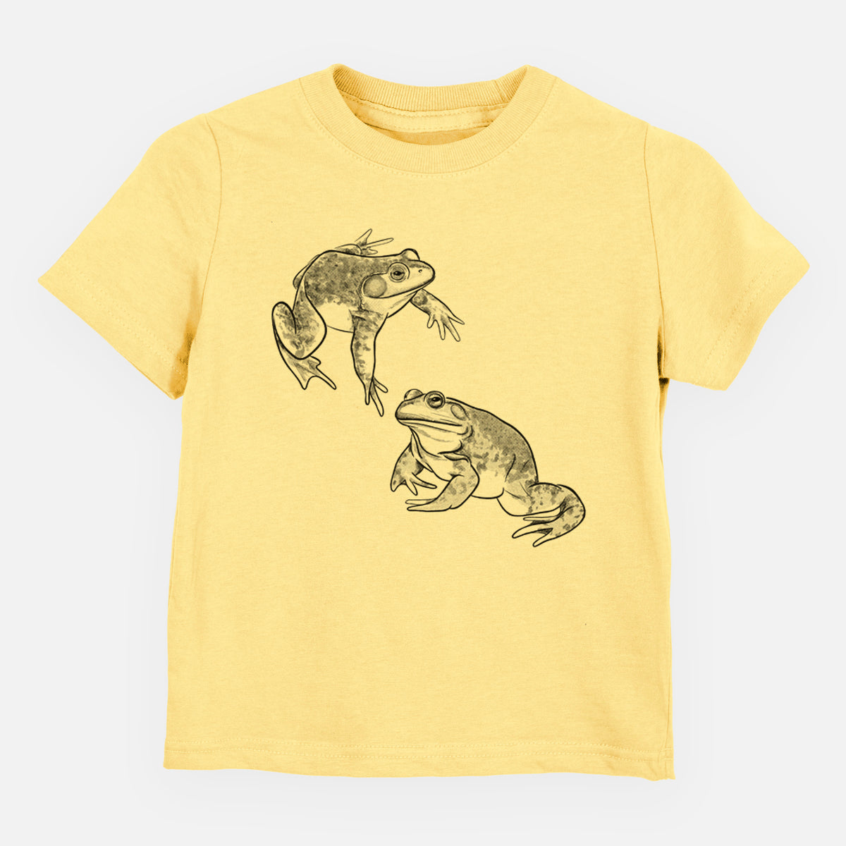 Butter yellow toddler t-shirt laid flat, printed with a detailed black ink illustration of two American bullfrogs.