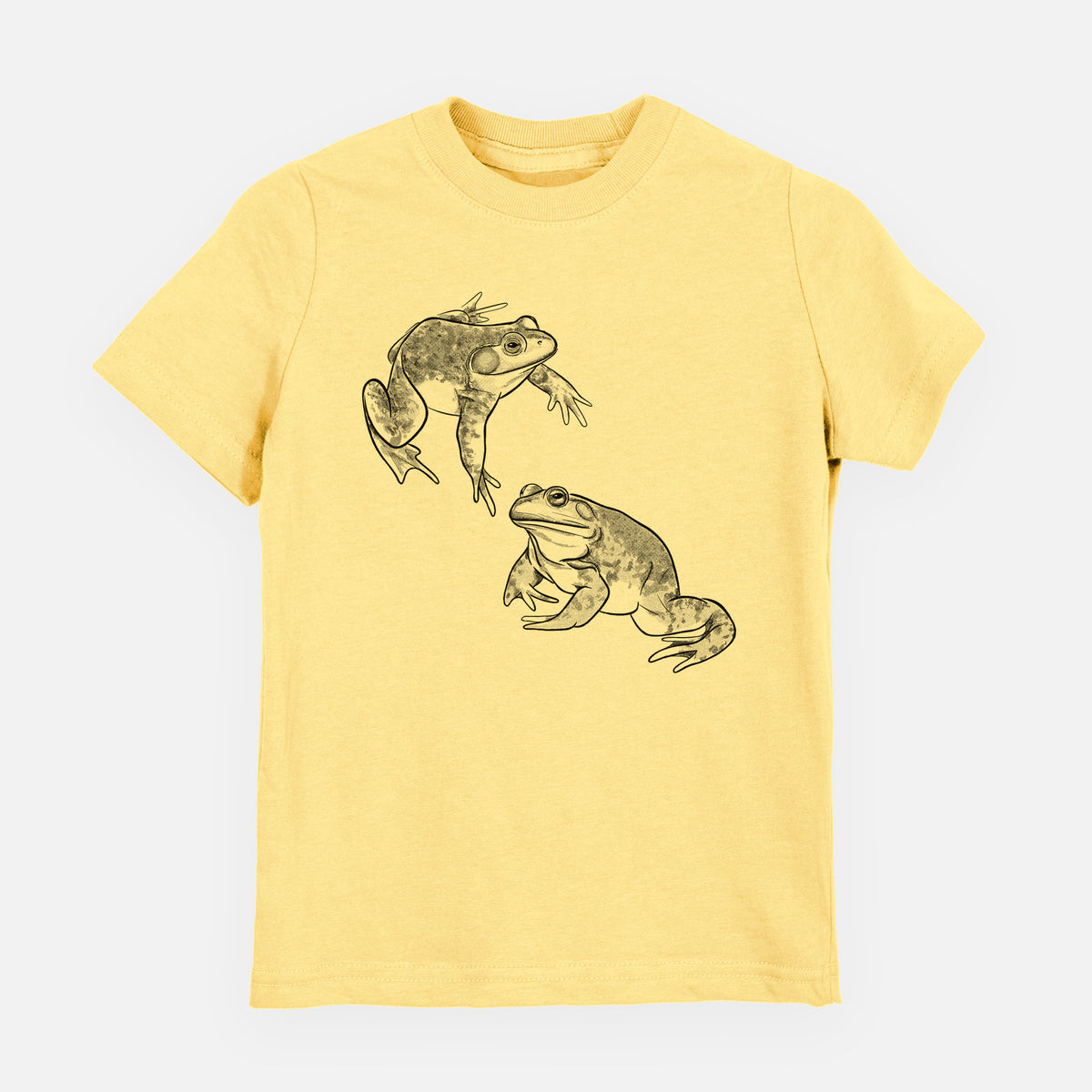 Butter yellow youth t-shirt laid flat, printed with a detailed black ink illustration of two American bullfrogs.