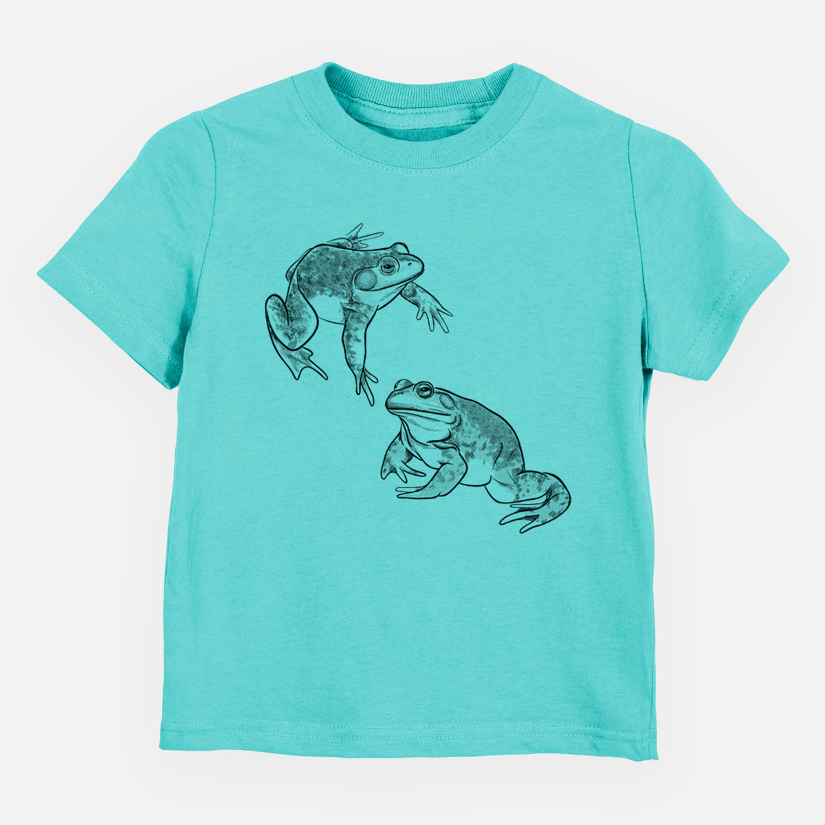 Caribbean blue toddler t-shirt laid flat, printed with a detailed black ink illustration of two American bullfrogs.