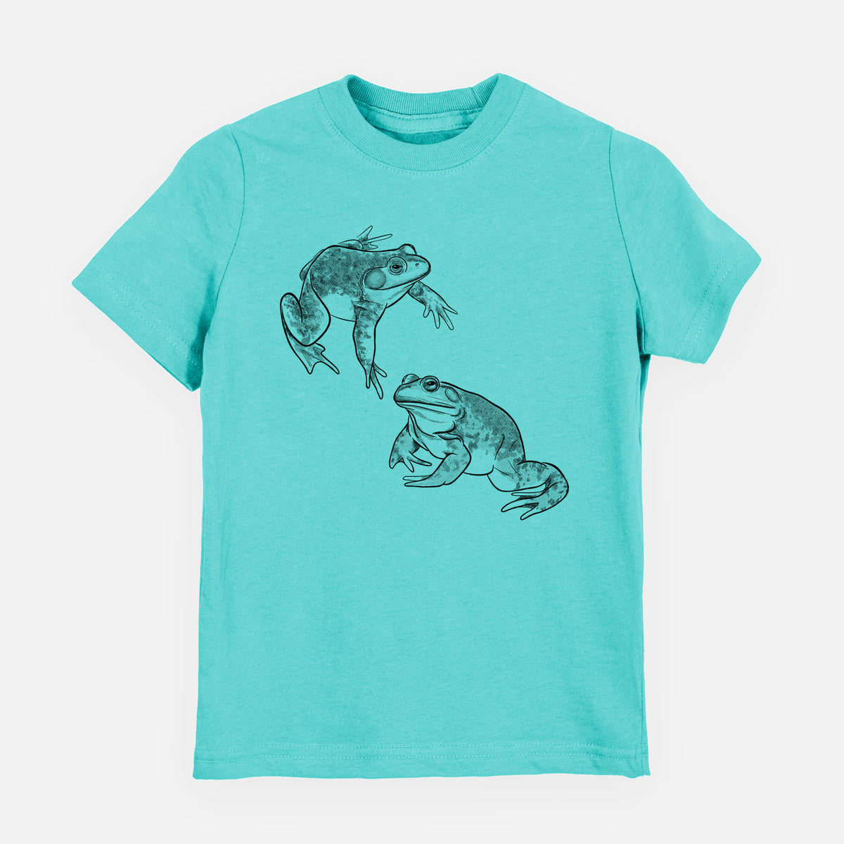 Caribbean blue youth t-shirt laid flat, printed with a detailed black ink illustration of two American bullfrogs.