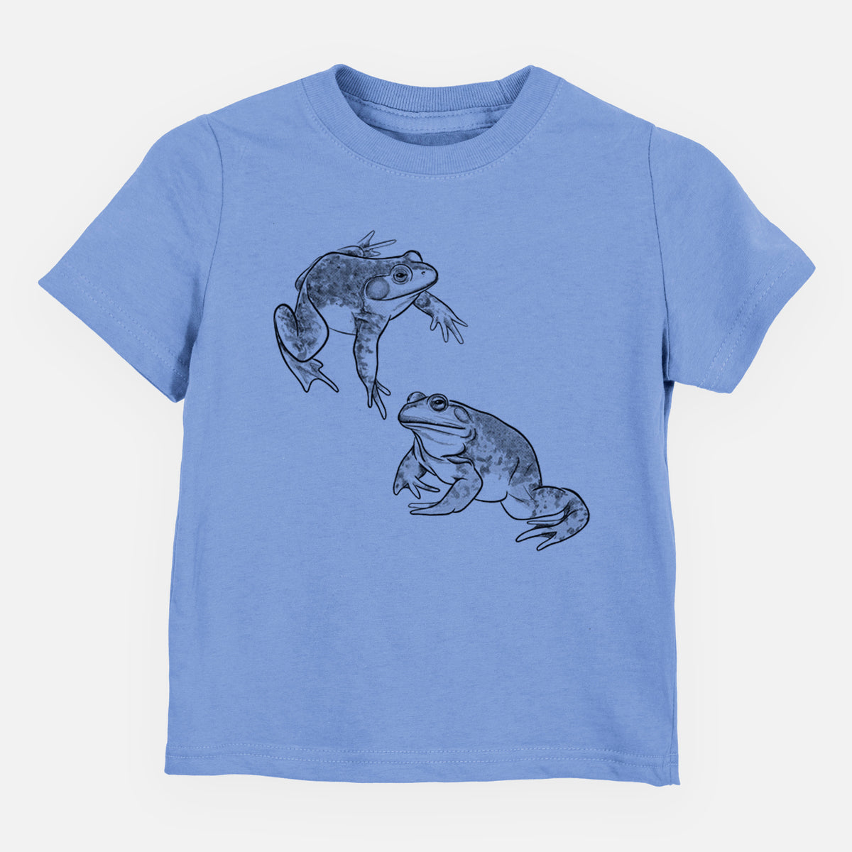 Carolina blue toddler t-shirt laid flat, printed with a detailed black ink illustration of two American bullfrogs.